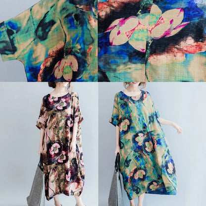 Fine Pink Prints Linen Dresses O Neck Linen Maxi Dress Fine Short Sleeve Linen Caftans