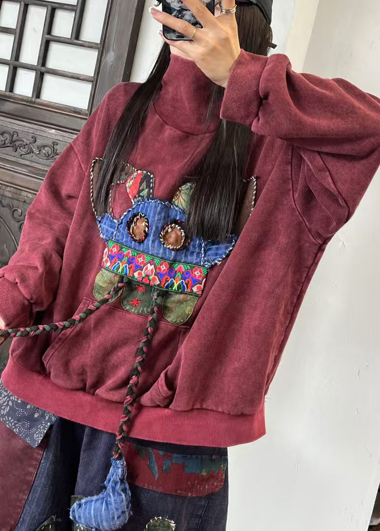 Mulberry Hign Neck Embroidered Cotton Sweatshirts Spring