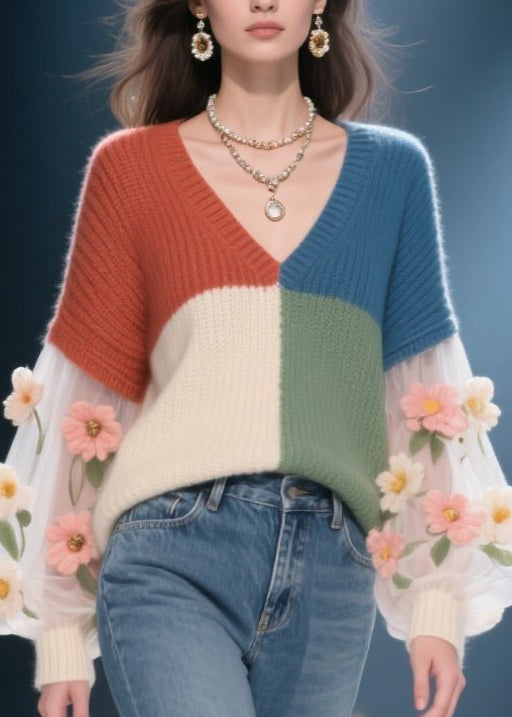 Colorblock V Neck Patchwork Knit Sweater Fall
