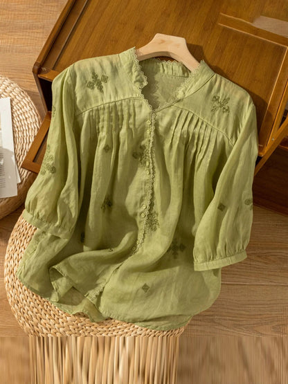Embroidered V Neck 3/4 Sleeve Linen Shirt Top