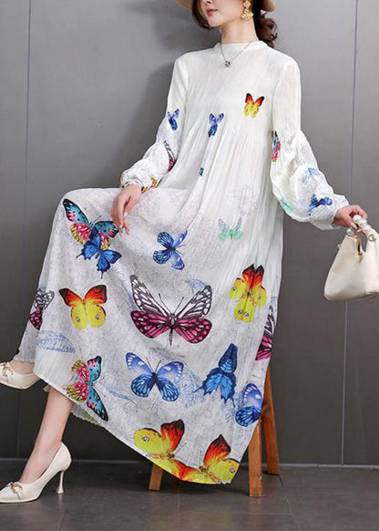 White Print Wrinkled Long Dress Fall