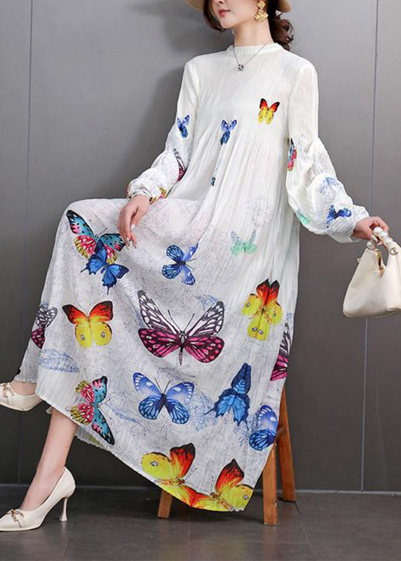 White Print Wrinkled Long Dress Fall