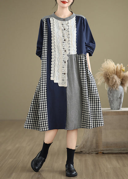 Original O-neck Lace Patchwork Plaid Long Dresses Fall