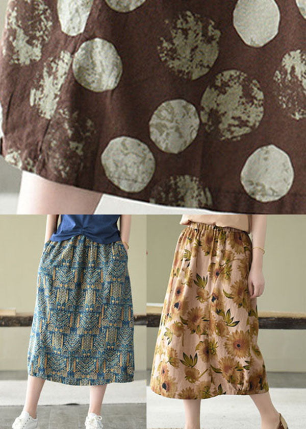 Yellow Print Linen a Line Skirts Pockets Print Summer