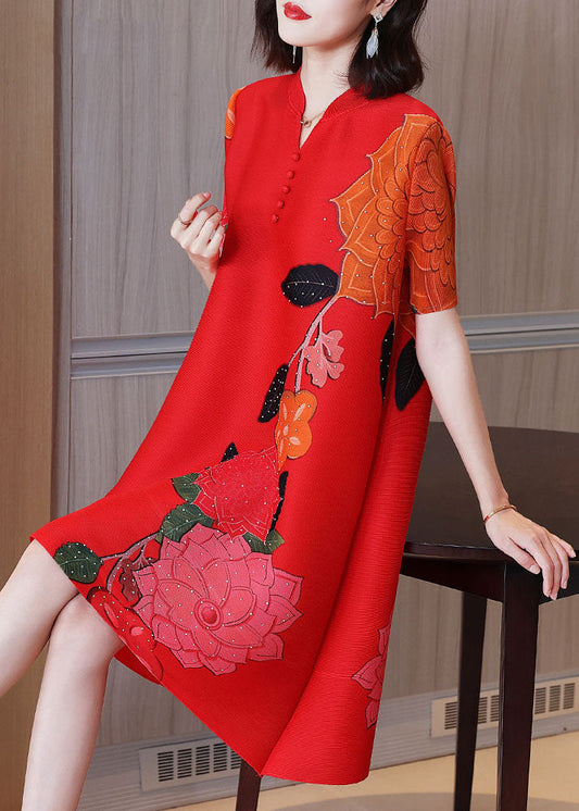 Red Stand Collar Button Print Wrinkled Silk a Line Dress Short Sleeve