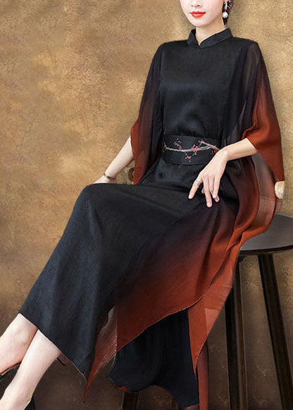 Black Stand Collar Sashes Silk Vacation Dresses Batwing Sleeve