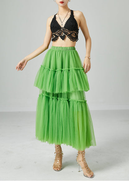 Green Elastic Waist Patchwork Wrinkled Tulle Skirts Summer