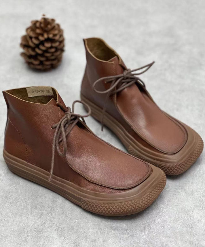 Coffee Cowhide Leather Boots Lace Up Ankle Boots