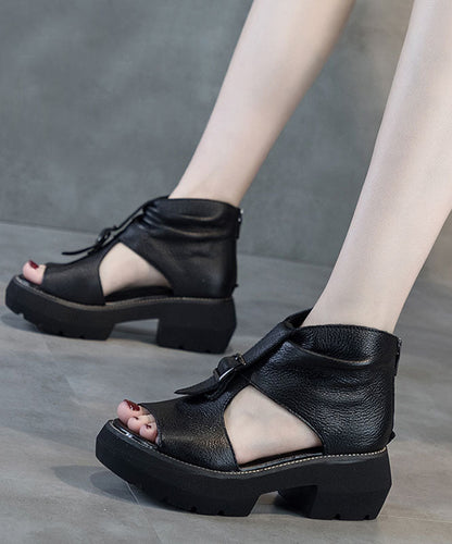 Hollow Out Wedge Sandals Brown Cowhide Leather Platform Chunky High Heels
