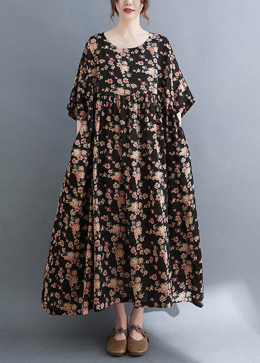 Black O-neck Print Pockets Extra Large Hem Long Dress Summer