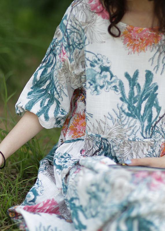 100% O Neck Baggy Linen Robes Wardrobes White Print Dress