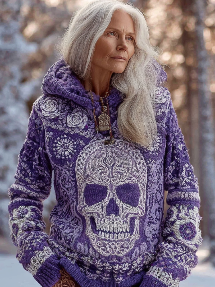 Halloween Skeleton Element Viking Style Women's Hooded Pullover Knit Sweater artswardrobe