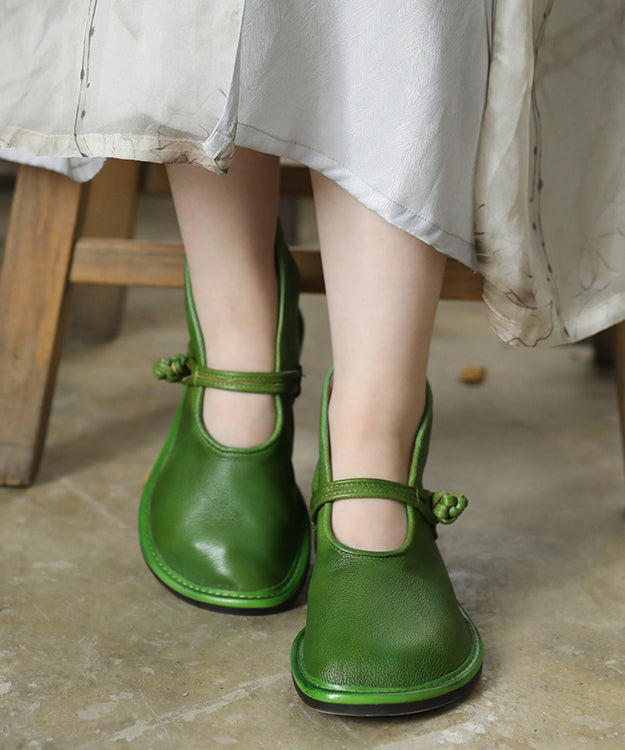Comfortable Green Flat Feet Shoes Cowhide Leather Upper Buckle Strap Flat Shoes