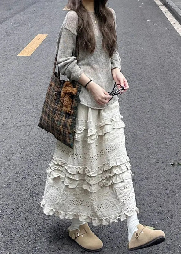 New Grey Knit Tops and Beige Ruffled Skirts Two Piece Set Spring