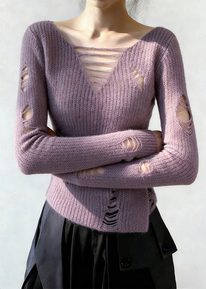 Lavender V Neck Ripped Knitted Tops Spring