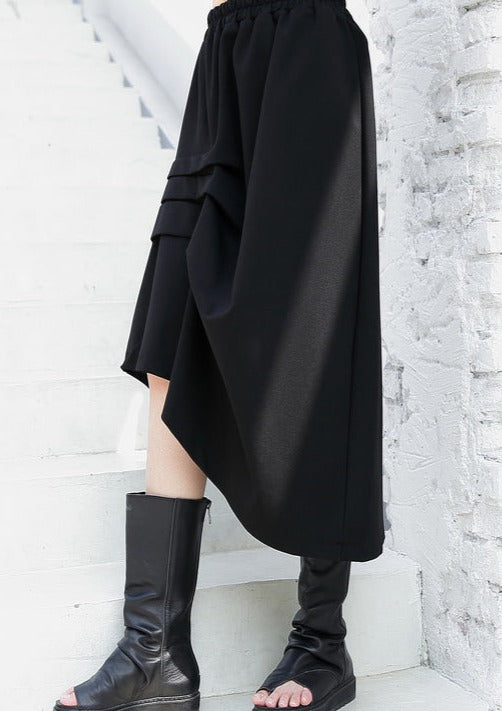 Black Cotton Blended Skirts Loose One Side Drawstring Elastic Waist Aline Skirts