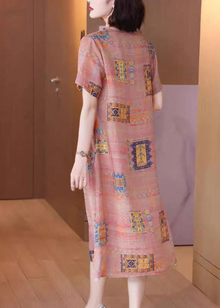 V Neck Print Linen Long Dresses Short Sleeve