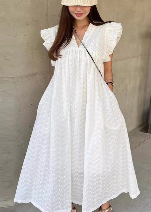 White Dot Ruffled Cotton Holiday Dress Sleeveless