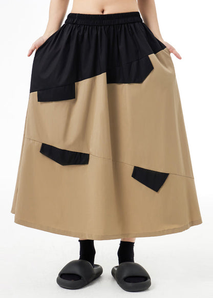 Style Khaki Wrinkled Pockets Patchwork Cotton a Line Skirts Fall