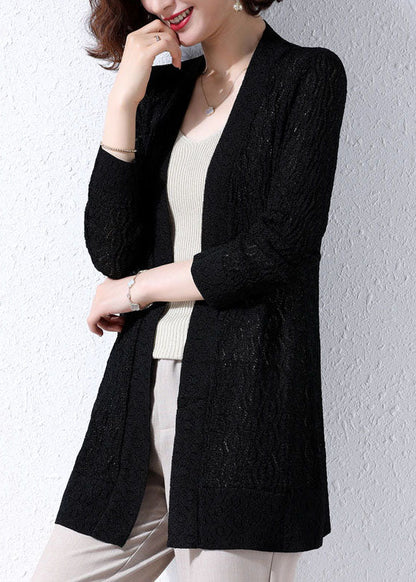 Black Patchwork Knit Cardigans Embroidered Hollow Out Fall