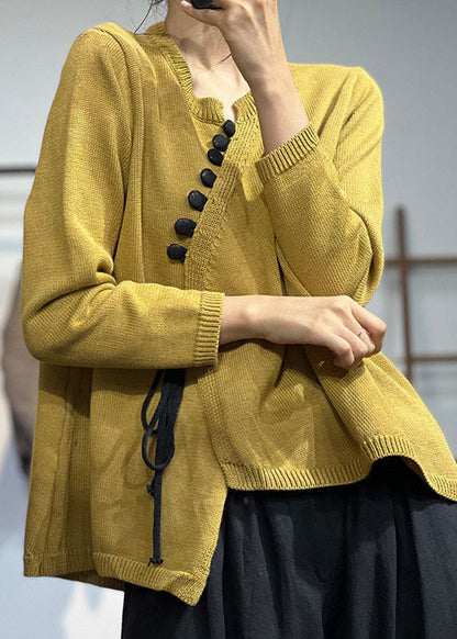 Yellow Asymmetrical Design Lace Up Knit Sweater Tops Winter