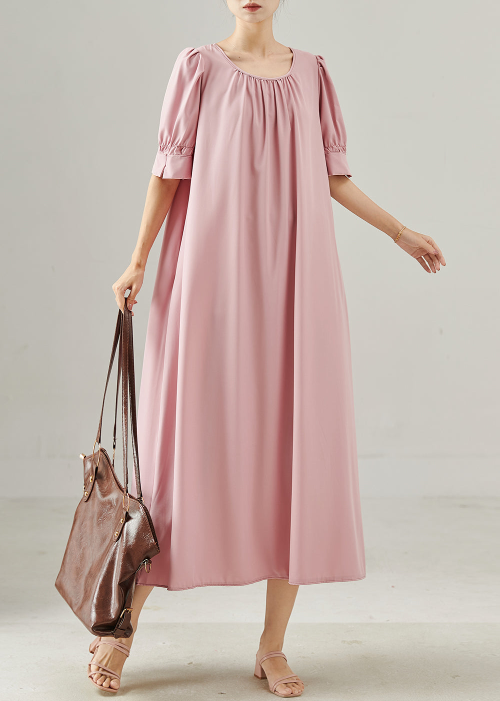 Italian Pink O-neck Cotton Vacation Dress Summer