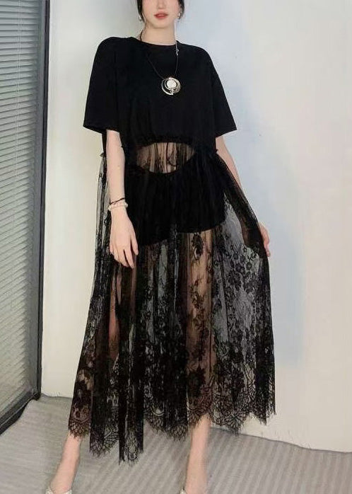 Black Oversized Patchwork Lace Robe Dresses Summer