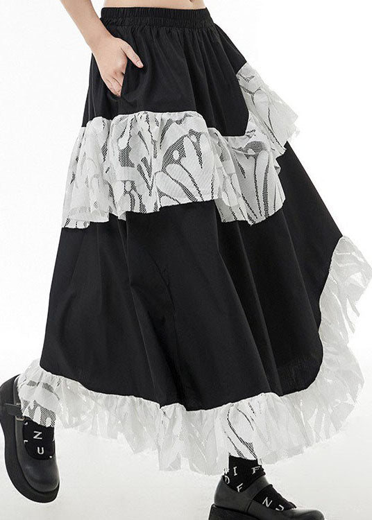 Black Elastic Waist Lace Patchwork Skirts Spring