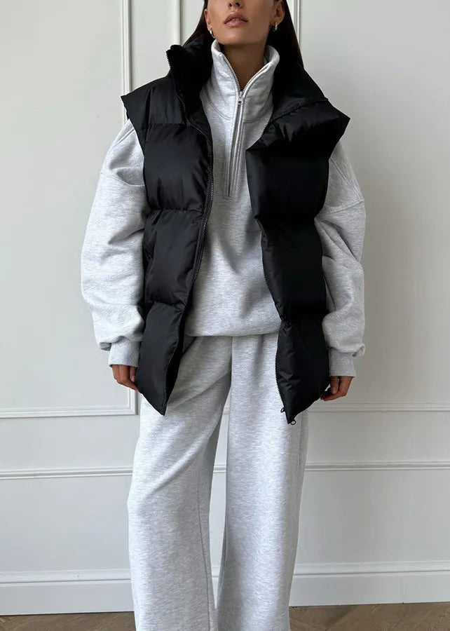 French Black Zip Up Pockets Fine Cotton Filled Vest Tops Sleeveless