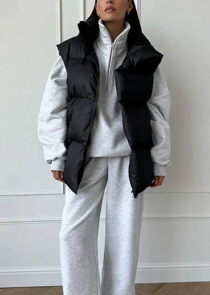 French Black Zip Up Pockets Fine Cotton Filled Vest Tops Sleeveless
