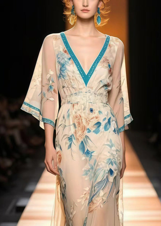 New Retro Apricot Print Chiffon Long Dress Flare Sleeve