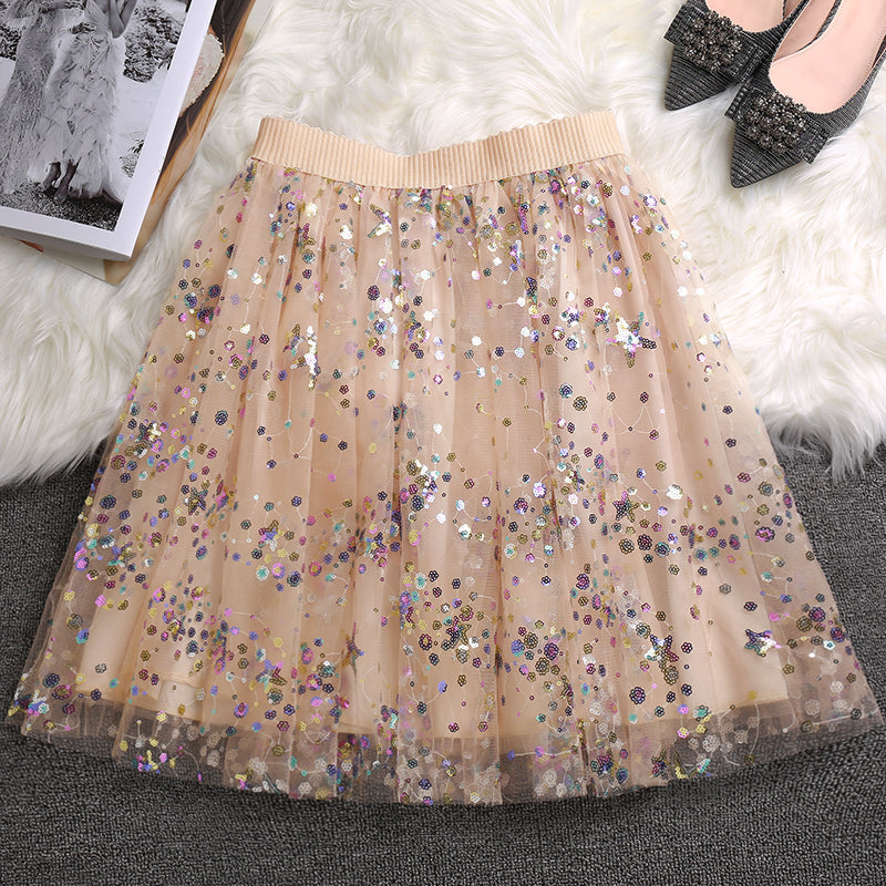 Beige Sequins Tulle Elastic Waist Skirts Summer