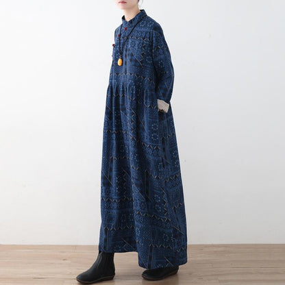 Blue Loose Button Linen Print Dress