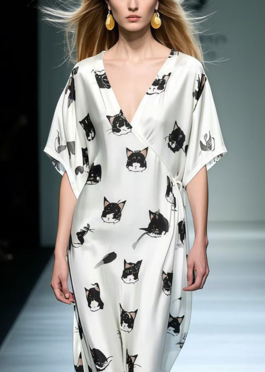 Art Cat Print Lace Up Silk Loose Dress Summer