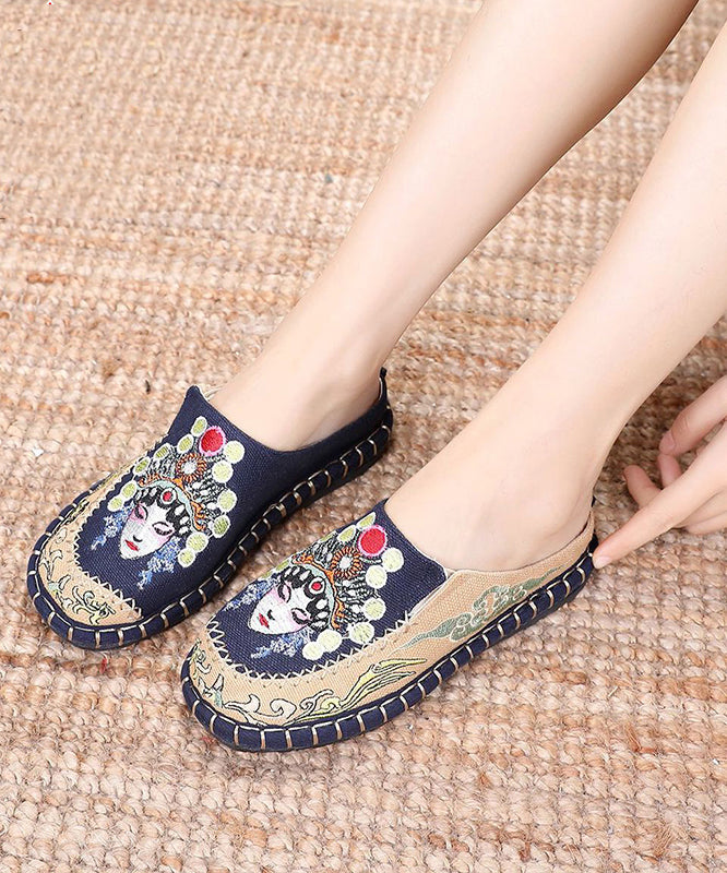 Blue Linen Fabric Unique Bei Jing Opera Embroideried Slide Sandals