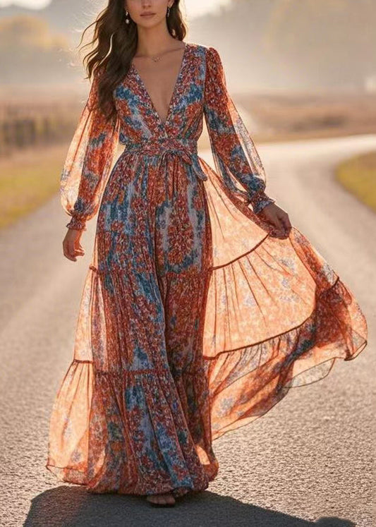 Blue V Neck Patchwork Chiffon Long Dress Lantern Sleeve