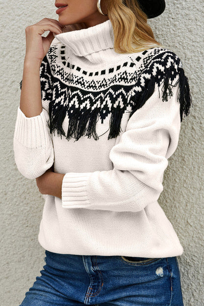 Embroidered Fringe Turtleneck Sweater
