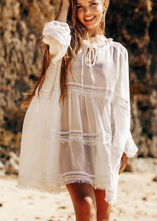 Unique White Patchwork Hollow Out Beach Gown Robe Chiffon Dress