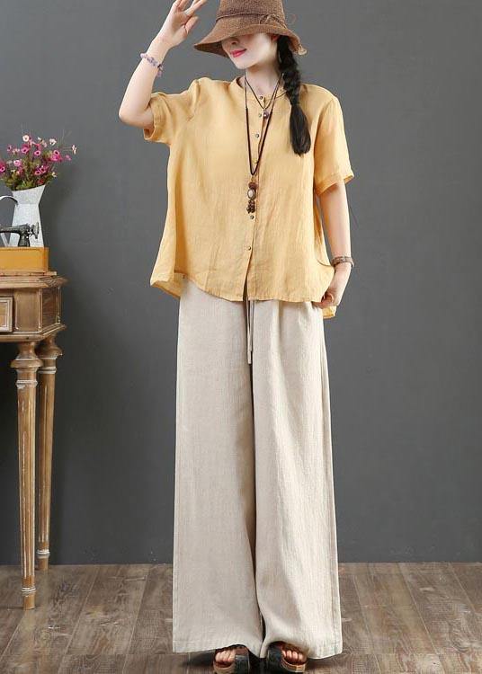 Yellow Loose Linen Summer Shirt Tops