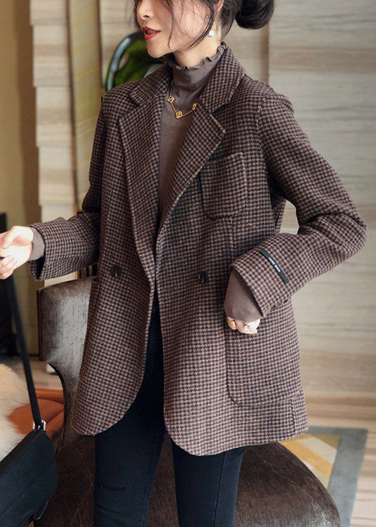 Plaid Button Pockets Patchwork Cotton Coats Fall