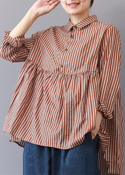 Boutique Red Striped Linen Blouse Traveling Clothing Fine Patchwork Lapel Collar Linen Blouses