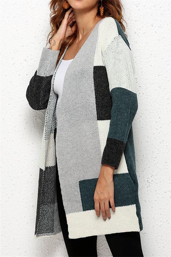 Knit Multi Color Long Sleeve Cardigan - Navy