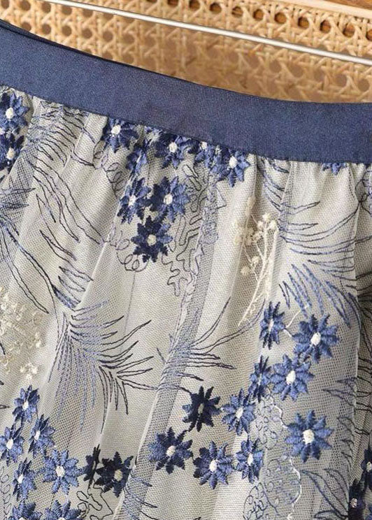 Blue Embroidery Wrinkled Tulle Skirts Summer