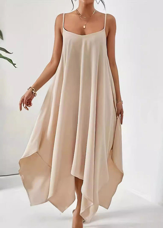 Simple Apricot Asymmetrical Cotton Spaghetti Strap Dress Sleeveless
