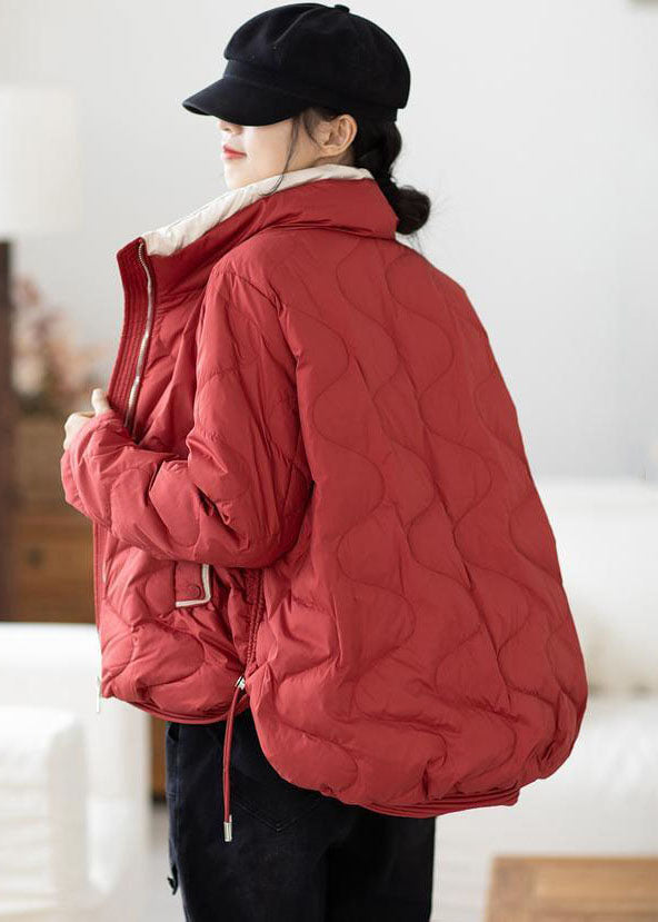 Red Stand Collar Zip Up Drawstring Duck Down Down Jacket Winter