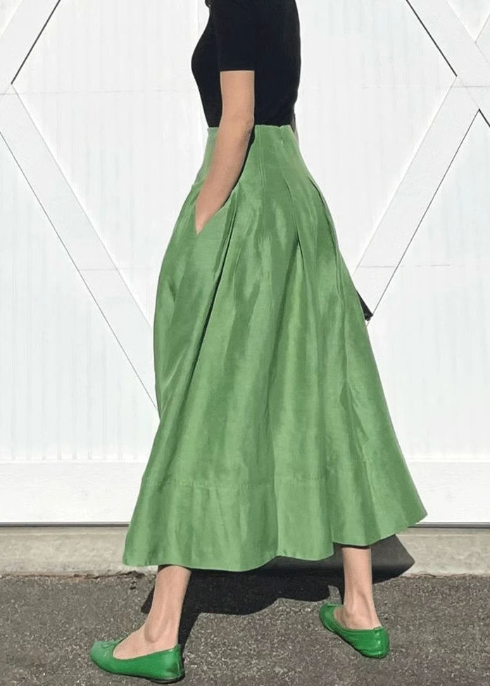 Simple Green Pockets High Waist Cotton Skirts Summer