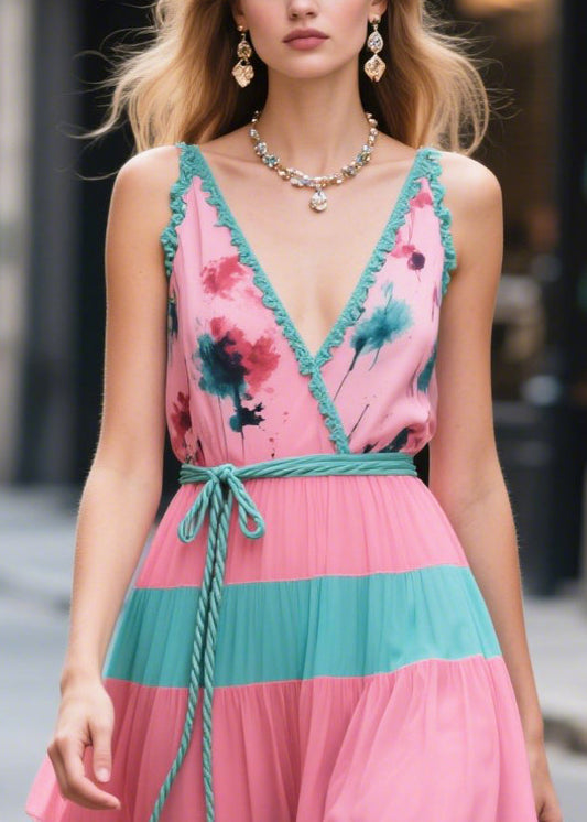 Pink Tie Waist Patchwork Chiffon Long Dresses Summer