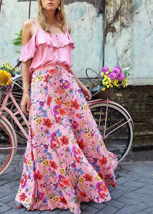 Colorful Print Big Swing Elastic Waist Holiday Long Skirt for