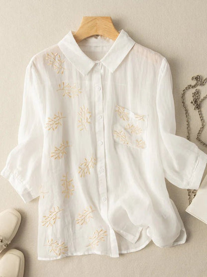 Embroidered 3/4 Sleeve Linen Shirt Top With a Patch Pocket