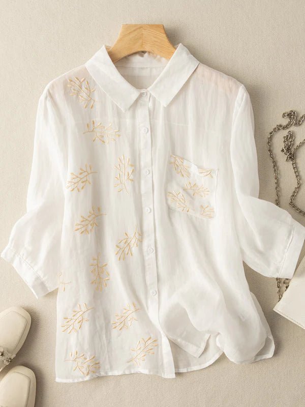 Embroidered 3/4 Sleeve Linen Shirt Top With a Patch Pocket